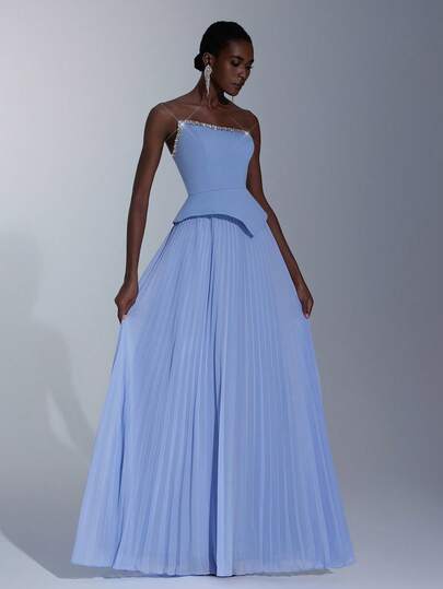 Elitara Elegant Luxurious Diamond Chain Elastic Knit Patchwork Chiffon Pleated Flared Maxi Dress, Suitable For Wedding, Party, Vacation, Prom, Evening Gown