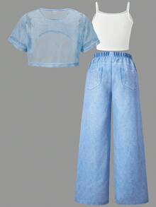 SHEIN Explorewe 3pcs Spring/Summer Tween Girls Casual Cool Mesh Perforated Cropped Top + Graphic Print Camisole + Wide Leg Allover Print Pants 3-Piece Set, Suitable For Everyday, Holiday, Street Style, Sisters Gathering - Blue and White - View 2