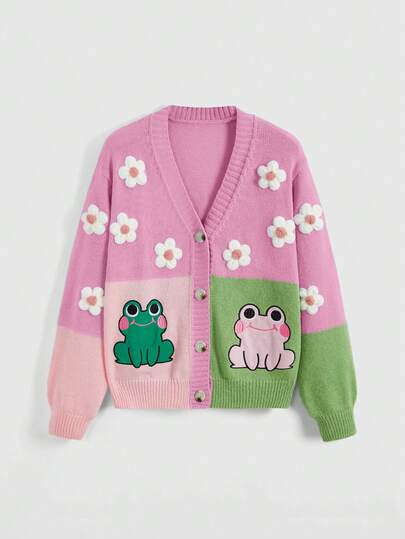 Kawaii Cardigan oversize con ricamo carino di rana e applicazioni floreali a blocchi di colore