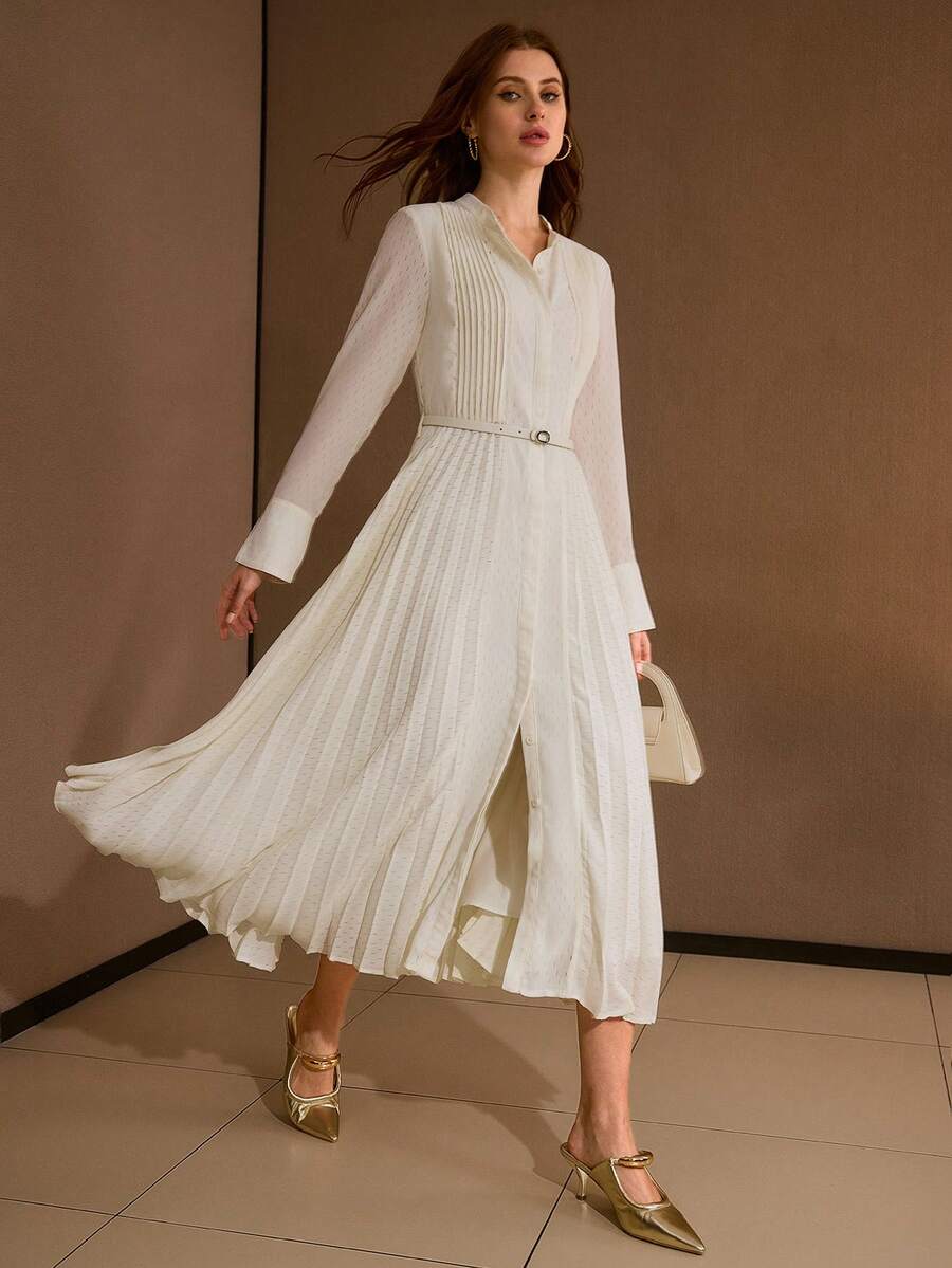 MOTF PREMIUM Einfarbiges Hemdkleid mit Stehkragen, gefalteter Plissierung und Gürtel - Aprikosenfarben - Übersicht 1