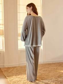 MOTF PREMIUM STEREO FLORAL LANTERN SLEEVE TOP & PANTS LOUNGE SET - Coffee Brown - View 7