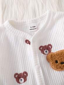 新生儿米色小熊图案长袖连体衣带帽子套装