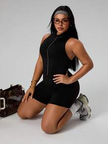 Rhythm Era Women's Sleeveless Zipper Short Fitted Sporty Casual Jumpsuit, Suitable For Daily Wear, Running, Yoga, Plus Size Athletic Romper Bodysuit Romper Tummy Control Romper Athletic Romper Dress Black Romper Women Body Suit Romper