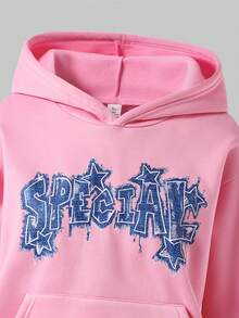 SHEIN ChillGRL 两件套少女星形字母印花保暖连帽卫衣搭配休闲阔腿牛仔裤，适合日常通勤和街拍穿搭，秋冬季 - 粉色 - 查看 4