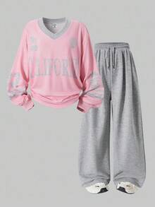 SHEIN Explorewe Set de 2 piezas Romweezy para niñas preadolescentes: sudadera holgada con estampado de letras americanas y pantalones rectos, adecuado para uso casual diario, deportes y vuelta al colegio en primavera/otoño - Rosa - Ver 4