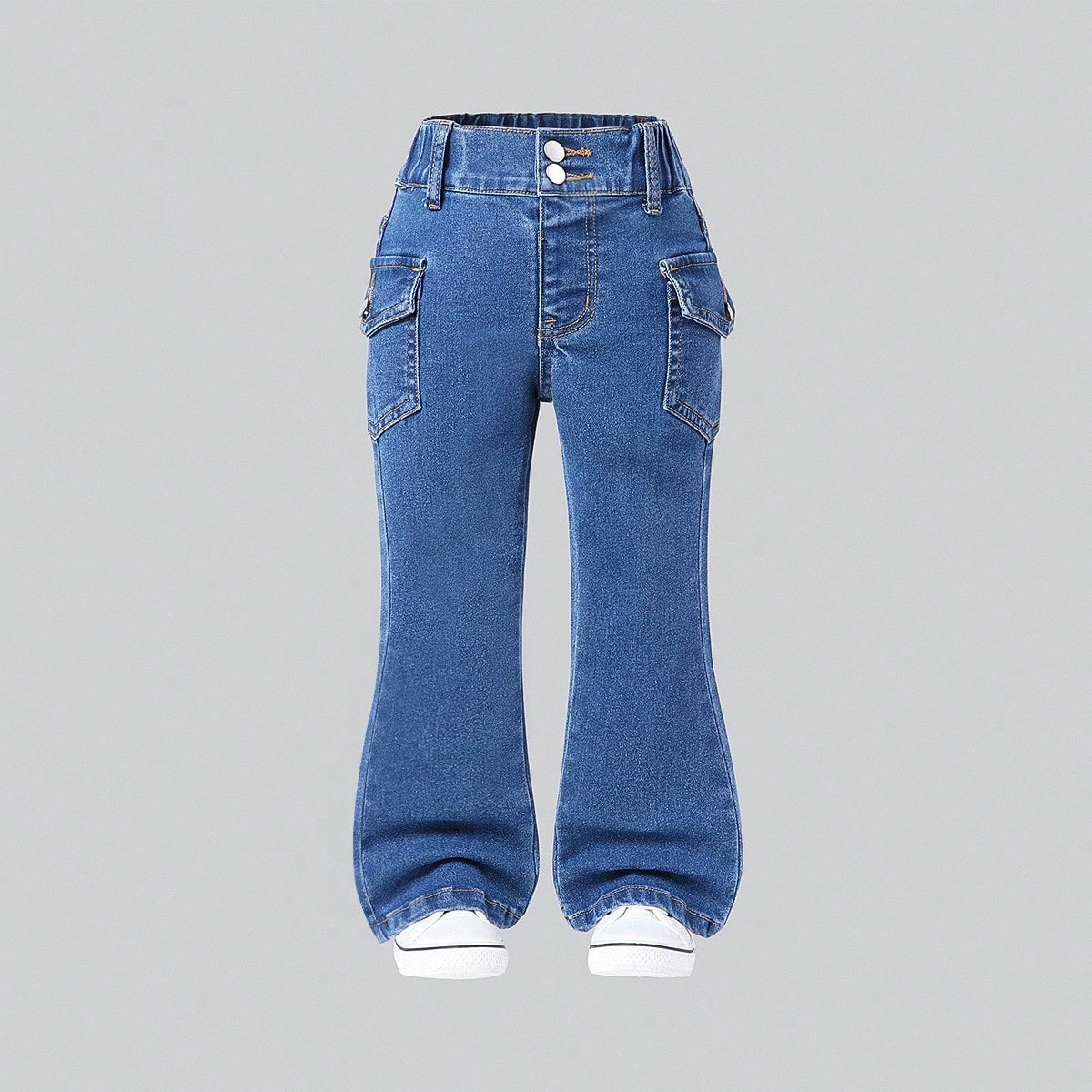 Jeans vaqueros con cintura elástica, efecto lavado, múltiples bolsillos y pierna acampanada, para niña en estilo informal