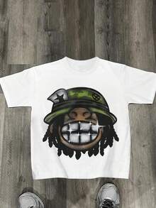 SHEIN Coolqubz 青少年男童黑色印花短袖T恤，时尚舒适，毕业礼物佳选，春夏款