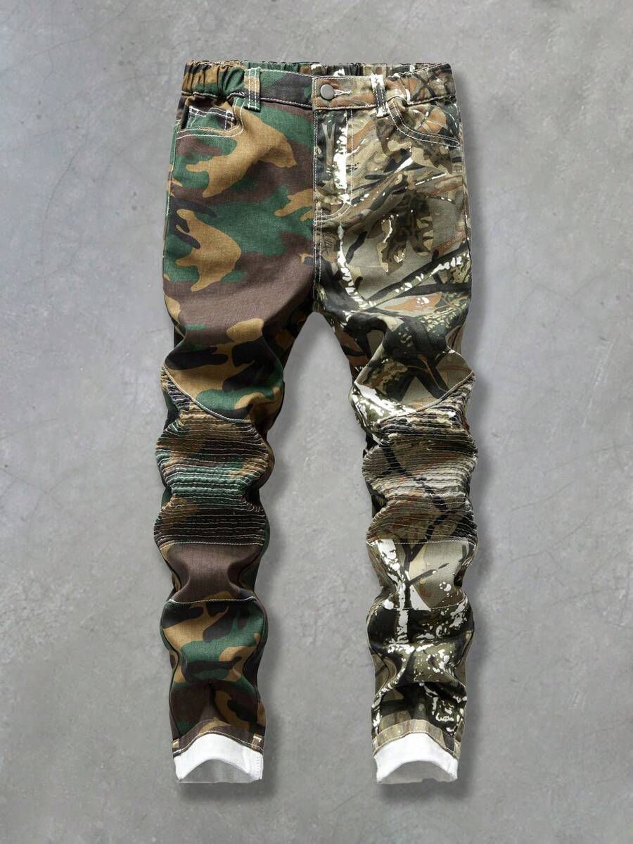 SHEIN Quần jeans denim wash dáng casual cho bé trai tuổi teen, phối họa tiết rằn ri cành cây, vạt trước xắn lên, thích hợp đi học, đi đại học, mùa thu/đông, unisex. - xanh quân đội - Xem 1