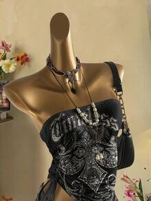 Attitoon Top Casual Vintage Punk Y2K Versátil para Festa, Aeroporto, Cruzeiro, Estampa Floral Inglesa, Confortável Top Casual com Cordão Lateral, Adequada para Outono/Inverno - Multicolorido - Visão 7