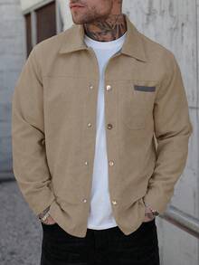 Manfinity Homme Men's Solid Color Long Sleeve Jacket, Stylish For Summer, Corduroy, Fall/Winter - Khaki - View 3