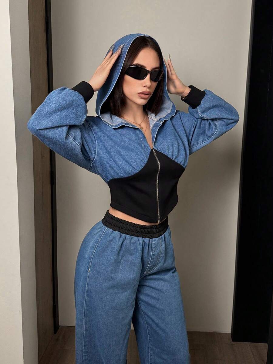 Jeanoix Women's Autumn Color Block Drop Shoulder Long Sleeve Zip Front Casual Hooded Denim Jacket - Blue - View 1