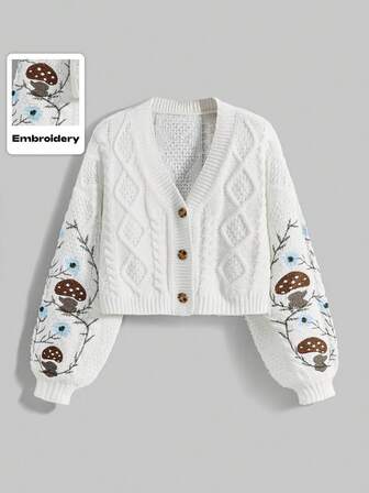 Fairycore Cardigan lavorato a maglia con ricamo di funghi, viti e foglie, elegante cardigan in stile Mori girl per donne taglie forti per l'autunno/inverno, cardigan in maglia per donne taglie forti per l'autunno/inverno