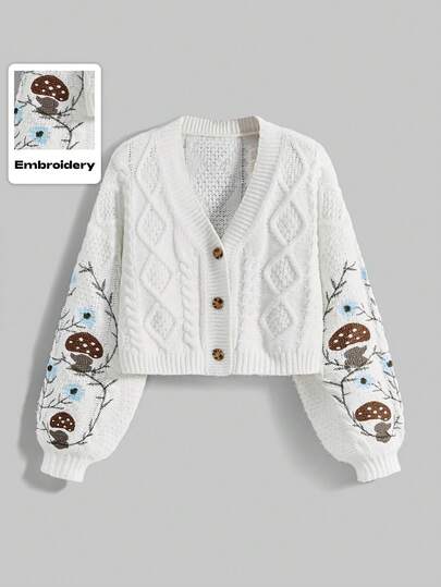 Fairycore Cardigan lavorato a maglia con ricamo di funghi, viti e foglie, elegante cardigan in stile Mori girl per donne taglie forti per l'autunno/inverno, cardigan in maglia per donne taglie forti per l'autunno/inverno