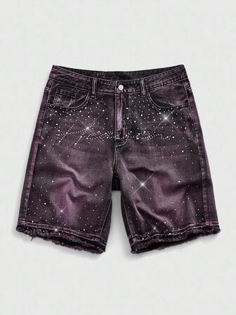 Street Life Short en jean ample avec lettre graphique et strass pour hommes