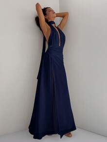 Aloruh Váy chiffon hở lưng cổ chữ V sâu cho nữ kèm dây thắt lưng cho tiệc cưới ngày lễ, xuân hè - Màu xanh hải quân - Xem 5