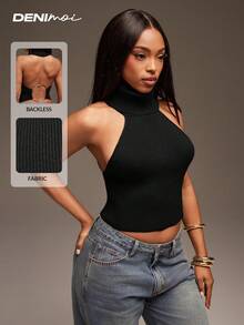 Denimoi High Neck Sleeveless O-Ring Sweater Halter Top, Sweater Top, Backless Top, Turtle Neck Sweater - Black - View 2