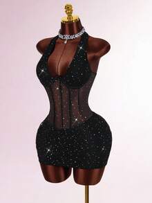 Amplova Halter Neck Sleeveless Rhinestone Decor Cinched Waist Sheer Ruched Sexy Party Mini Dress Sexy Dress For Club Rhinestone Dress - Black - View 4