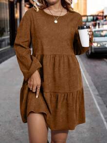EMERY ROSE Plus Size Casual Solid Color Lantern Sleeve Dress, Autumn - Coffee Brown - View 5