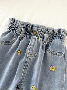 LMoss Kids 女婴黄色雏菊刺绣蓝色牛仔胡萝卜裤 - 淺色水洗藍 - 查看 5