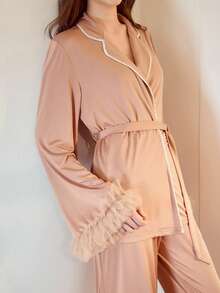 MOTF PREMIUM CONTRAST BINDING LAPEL COLLAR CONTRAST MESH RUFFLE DETAIL BELTED TOP & PANTS LOUNGE SET