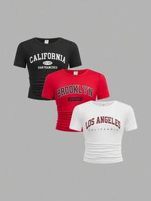 SHEIN ChillGRL 3 件套 Tween Girls 红色字母印花褶皱圆领 T 恤，白色和黑色字母印花 T 恤 - 彩色 - 查看 12