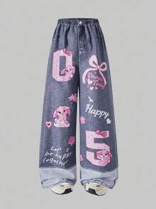 SHEIN Explorewe 青少年女孩休闲日常卡通字母印花松紧腰阔腿裤 - 彩色 - 查看 3