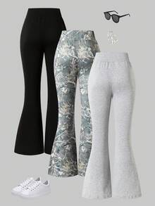 SHEIN Explorewe 3 件套 Tween 女童时尚树枝叶印花修身喇叭裤，适合春夏秋季百搭休闲装 - 彩色 - 查看 2