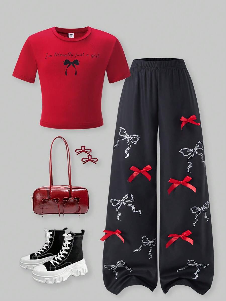 SHEIN ChillGRL 青少年女孩休闲时尚街头风格标语和蝴蝶结印花短袖 T 恤和松紧腰宽松阔腿裤套装，夏季 - 酒紅色 - 查看 1