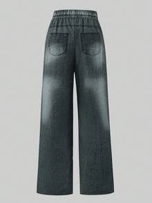 SHEIN ChillGRL Tween Girls Graffiti Letter & Cartoon Bear Print Straight Leg Pants - Black - View 2