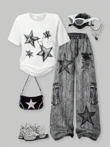 SHEIN ChillGRL 两件套：少女宽松休闲简约星链印花白色圆领短袖T恤+印花宽松阔腿裤，超大版型，适合夏季穿着 - 黑色 - 查看 1