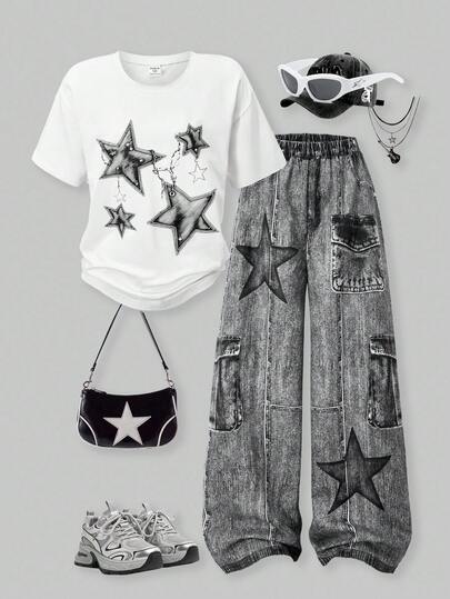 SHEIN ChillGRL 两件套：少女宽松休闲简约星链印花白色圆领短袖T恤+印花宽松阔腿裤，超大版型，适合夏季穿着