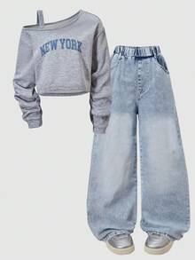 SHEIN ChillGRL 2 件套青少年女孩宽松休闲肩带印花运动衫和浅蓝色牛仔裤套装，适合日常通勤、休闲街头风格、聚会、春夏季