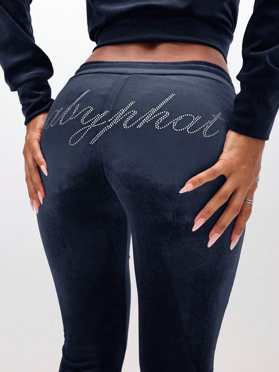 BABYPHAT Low Rise Velour Flare Sweatpants With Rhinestone Embellishments Drawstring Waist Comfort Lounge Pants - Blue - View 1
