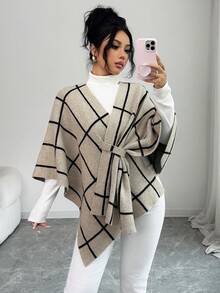 Elenzga 卡其色和黑色条纹针织斗篷毛衣，休闲通勤款，秋冬季 - 卡其色 - 查看 7