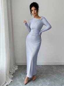 Elenzga 新款女士斜领长袖罗纹抓绒装饰纽扣腰部褶皱设计休闲百搭优雅连衣裙，秋冬款 - 藍色 - 查看 3