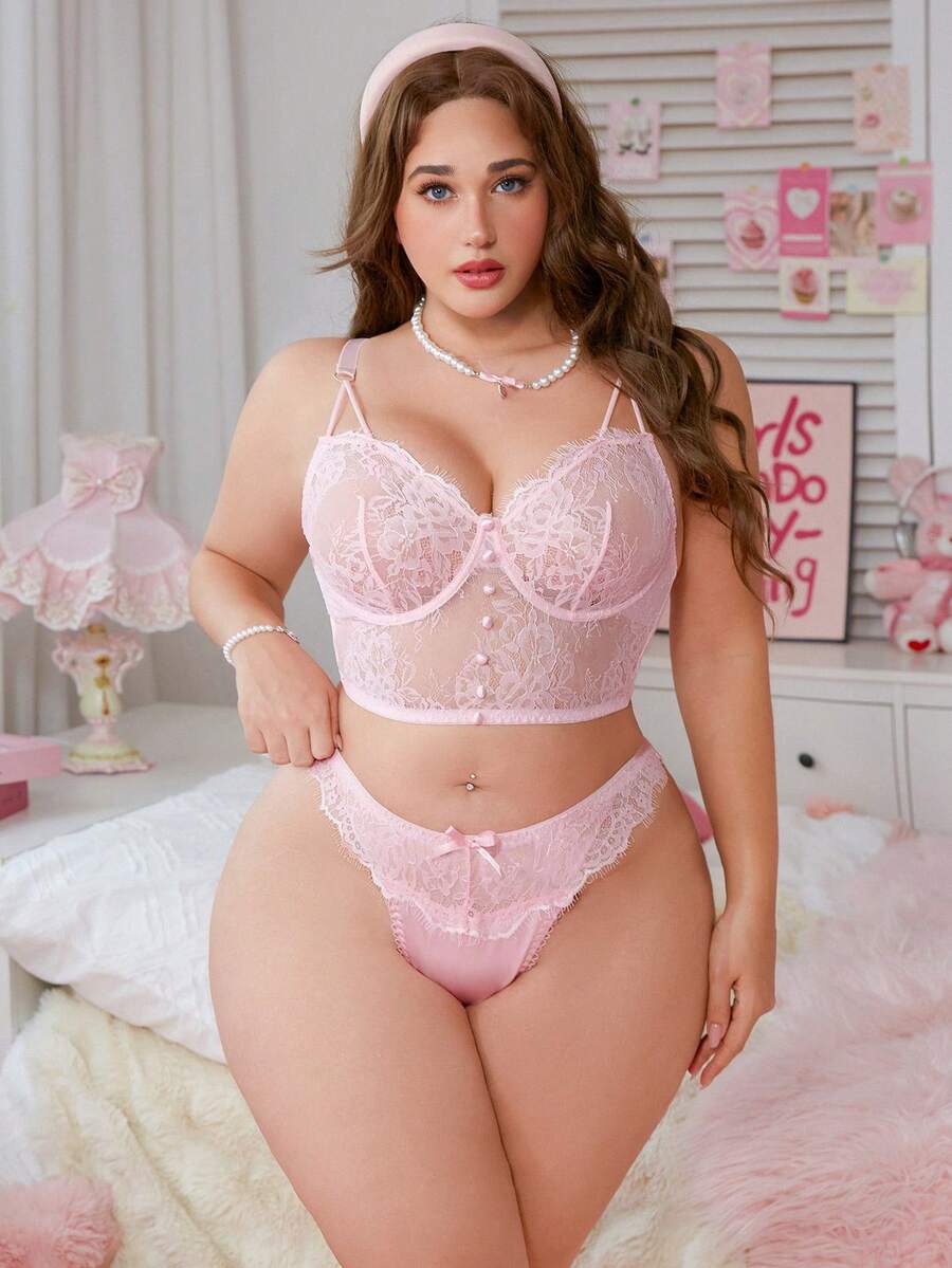 PetitDoll 两件套加大码性感透视内衣套装,粉色 - 粉色 - 查看 1