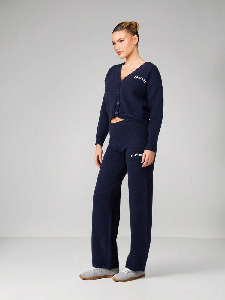 Missguided x Playboy Navy Knitted Cardigan And Wide Leg Trousers Co-Ord Set With Button Front And Logo Embroidery For Casual Autumn Winter Wear
