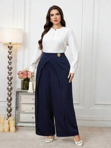 Modelyn Pantalones rectos de cintura elástica a rayas para mujer de talla grande, con decoración de hebilla metálica, casuales y versátiles, adecuados para el diario, el trabajo y diversas ocasiones - Azul Marino - Ver 2