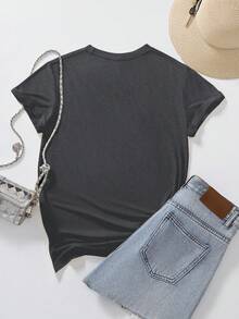 EMERY ROSE Heart & Letter Slogan Round Neck Short Sleeve Fashionable Women T-Shirt - Dark Grey - View 2
