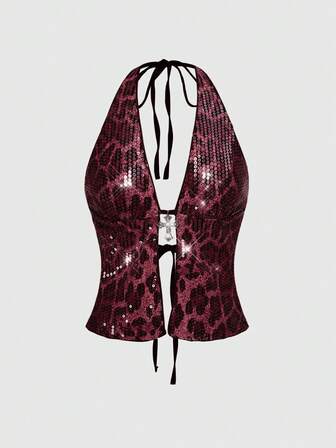 Grunge Punk Tenue de fête de plage chic punk rock d'été, festival, mode de rue, débardeur sexy Y2K à imprimé léopard pailleté avec pendentif croix pour femmes