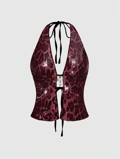 Grunge Punk Tenue de fête de plage chic punk rock d'été, festival, mode de rue, débardeur sexy Y2K à imprimé léopard pailleté avec pendentif croix pour femmes