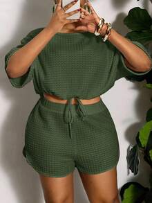 Slaydiva Conjunto informal de dos piezas de unicolor con cordón y abertura, talla grande, para verano - Verde militar - Ver 8