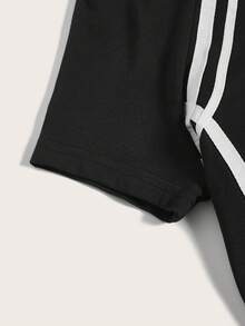 SHEIN EZwear 条纹数字印花修身圆领短袖T恤 - 黑色 - 查看 4