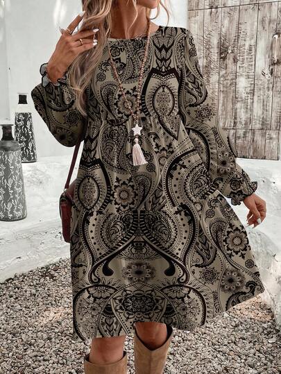 EMERY ROSE Plus Size Women Casual Vintage Cashew Flower Print Loose Fit Crew Neck Long Sleeve Dress, Suitable For Autumn/Winter And Daily Commute Women Long Sleeve Dress Bohemian Clothes Boho Dress Women Paisley Print Dress