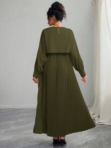 Momance Maternity Long Sleeve Dress With Button Shoulder, Pleated A-Line Hem - Army Green - View 2