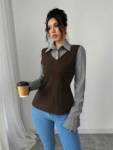 Elenzga Áo thun dài tay kẻ sọc phối màu đơn giản cho nữ, mùa thu - Màu nâu  Mocha - Xem 3