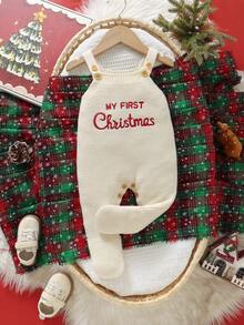 SHEIN 新生儿白色针织连体衣，带英文字母刺绣的背带裤，休闲百搭设计，适合宣布宝宝出生，男宝宝第一个圣诞节服装，我的第一个圣诞节宝宝服装，男宝宝圣诞节服装，宝宝圣诞节公告服装，针织圣诞连体衣，宝宝第一个圣诞节服装 - 米色 - 查看 5