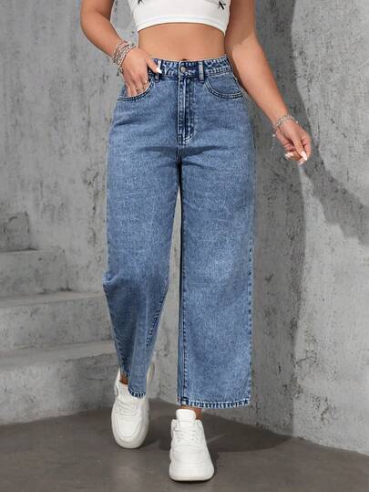 SHEIN ICON Plus Size Women Casual Loose Straight Leg Light Blue Non-Stretch Jeans