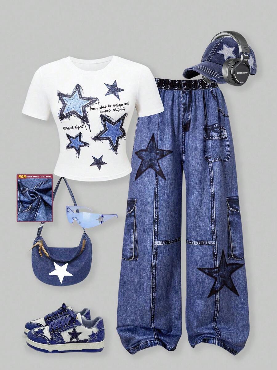 SHEIN ChillGRL 少女星星印花圆领 T 恤和印花阔腿裤两件套，休闲夏季服装 - 藍色 - 查看 1