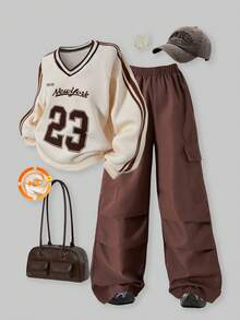 SHEIN Explorewe Tween 女童休闲卫衣套装，胸前字母印花，罗纹领，裤子两侧有口袋，适合秋冬季外出、散步、购物、通勤，可搭配夹克、外套